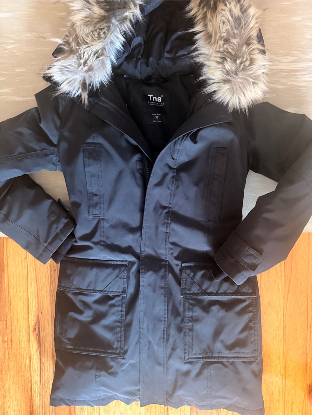 Aritzia TNA Bancroft Black Parka with Faux Fur Trim Hood